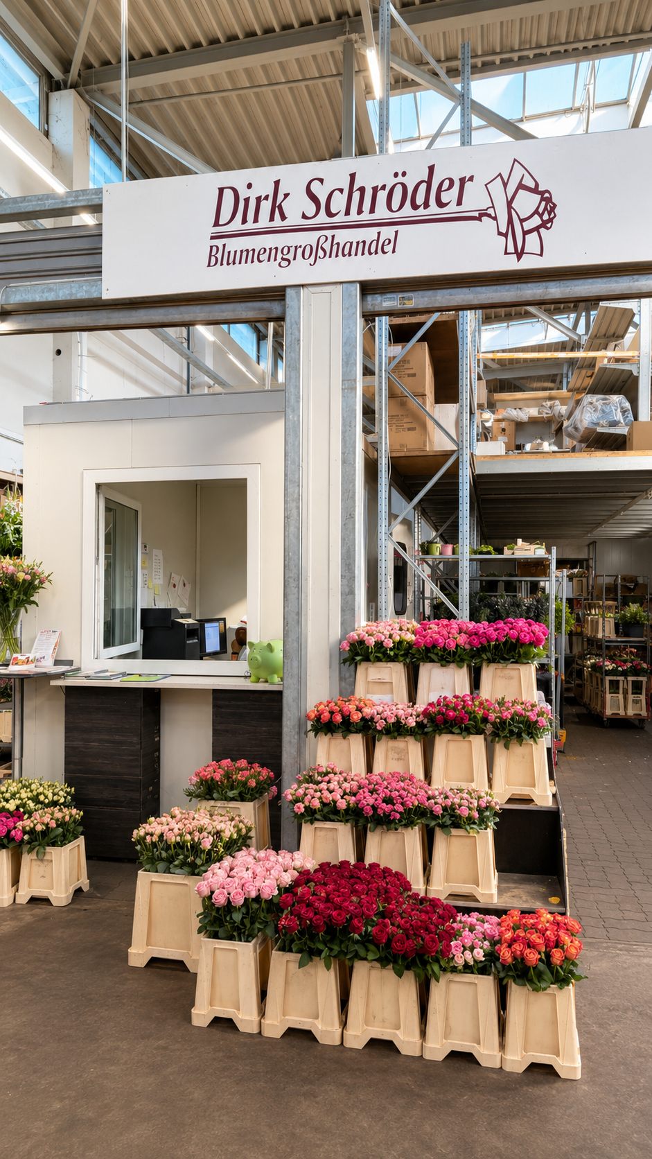 Stand von Dirk Schröder mit Schild am Bremer Großmarkt